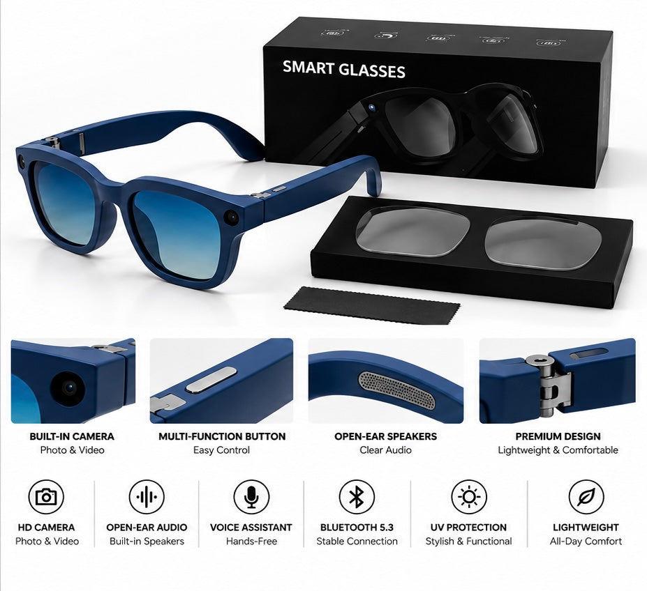 Blue Smart Glasses – HD Camera &amp; Bluetooth 5.3