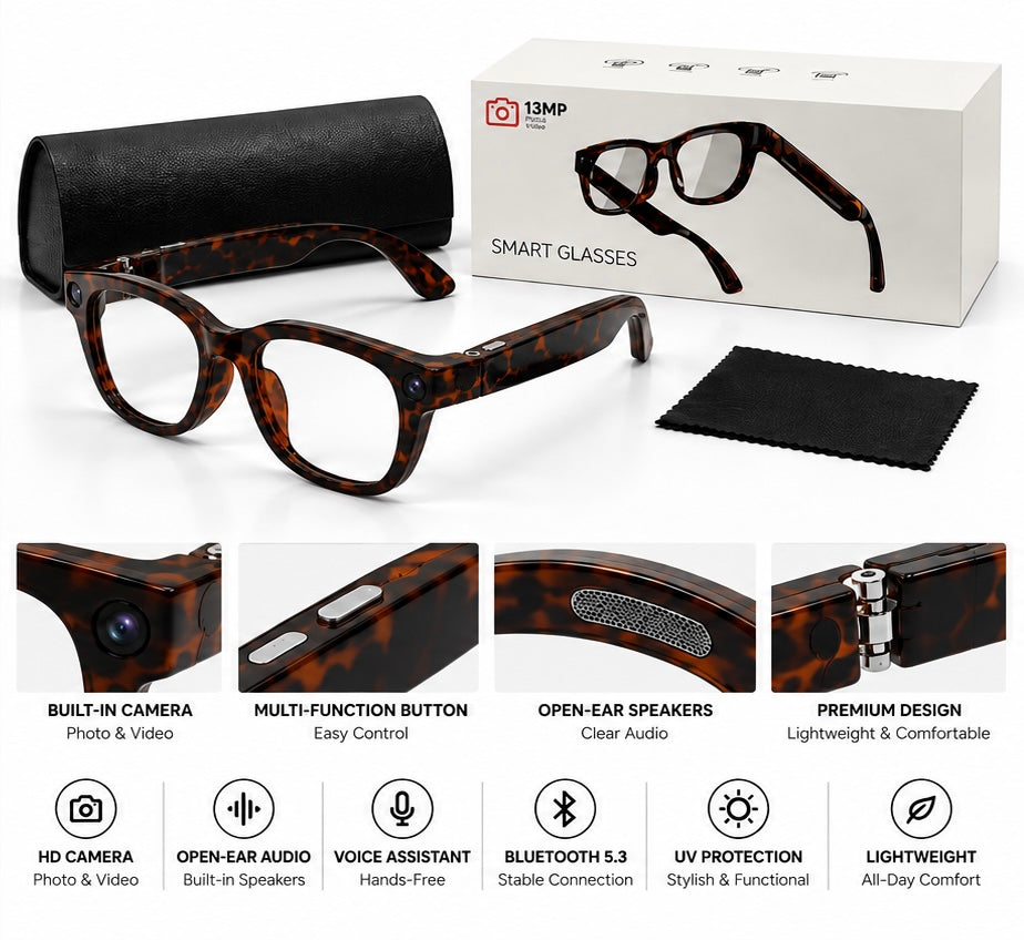 Tortoiseshell Smart Glasses – HD Camera &amp; Bluetooth 5.3
